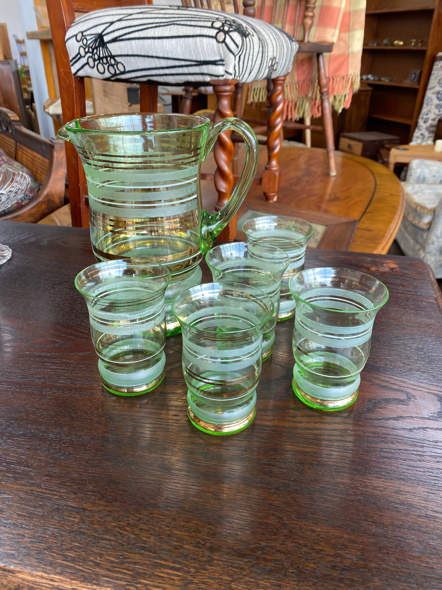 1940s Uranium Glass Pitcher and 5 Glasses