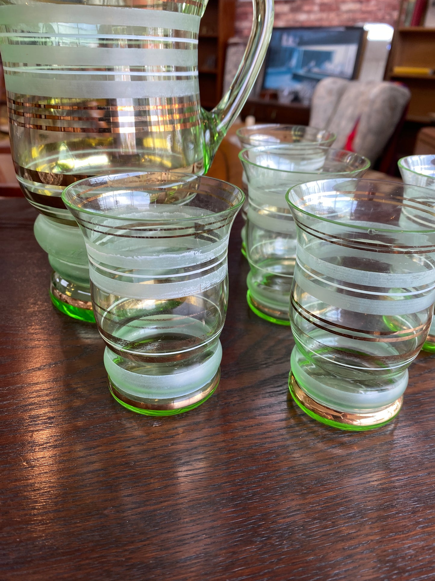 1940s Uranium Glass Pitcher and 5 Glasses