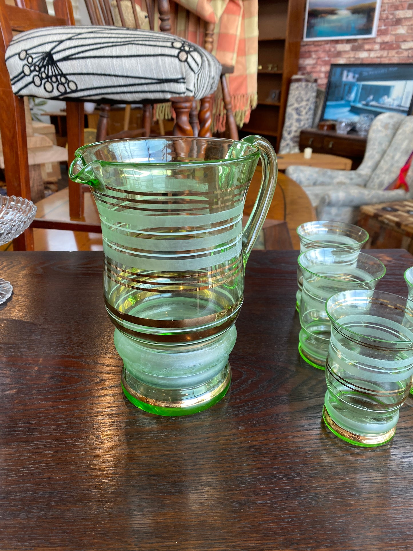 1940s Uranium Glass Pitcher and 5 Glasses