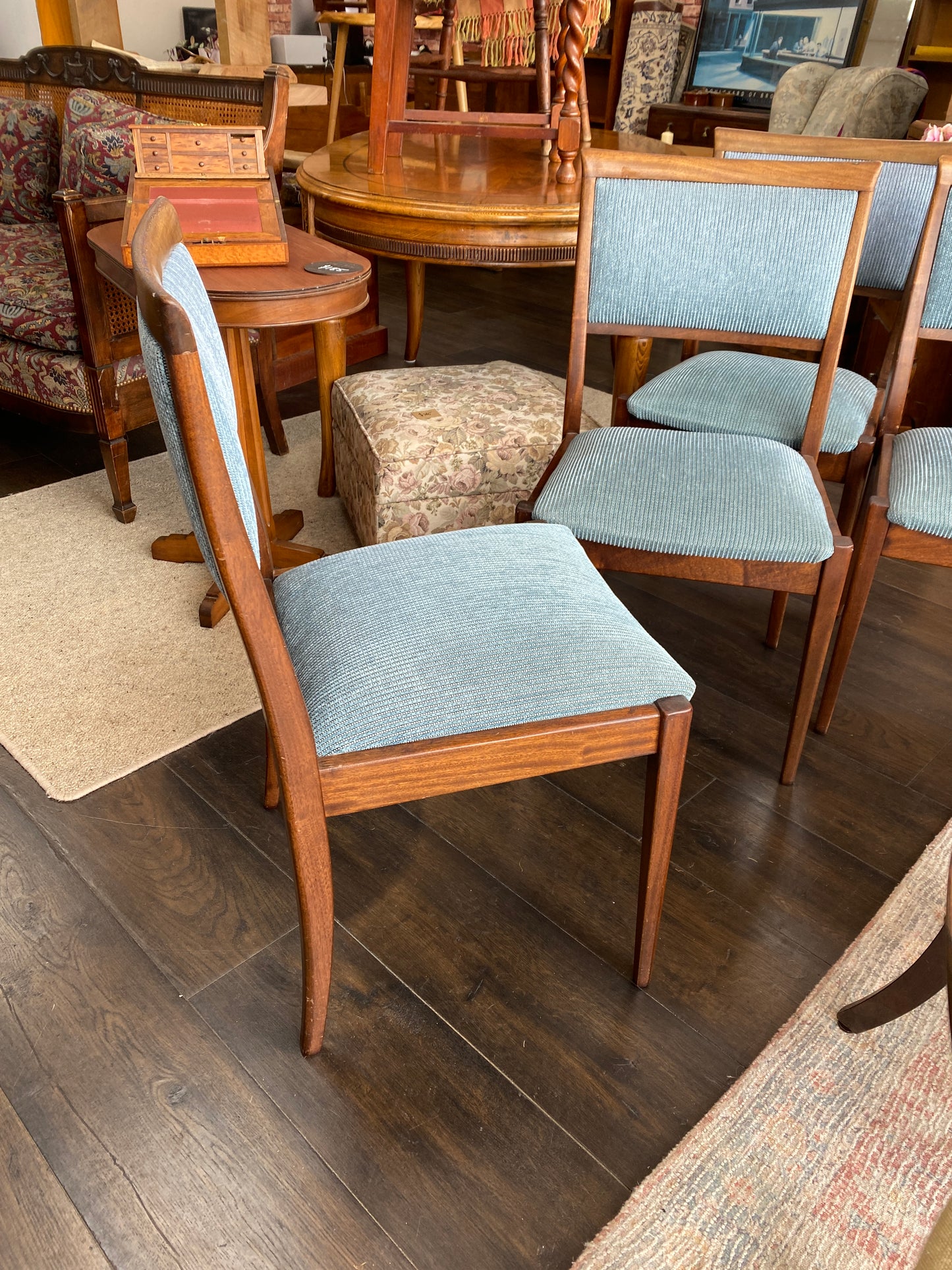 1970s Mahogany & Aqua Ribbed Fabric Dining Chairs x 4