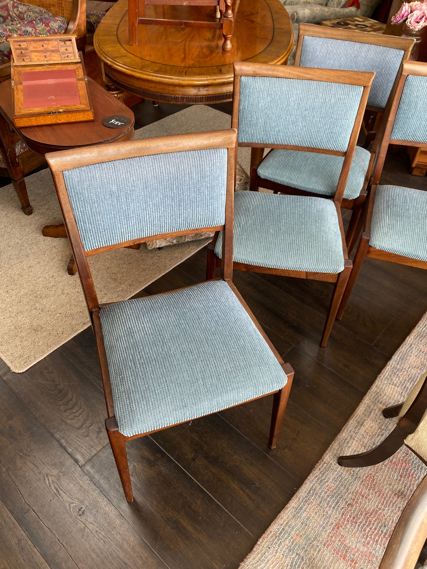 1970s Mahogany & Aqua Ribbed Fabric Dining Chairs x 4