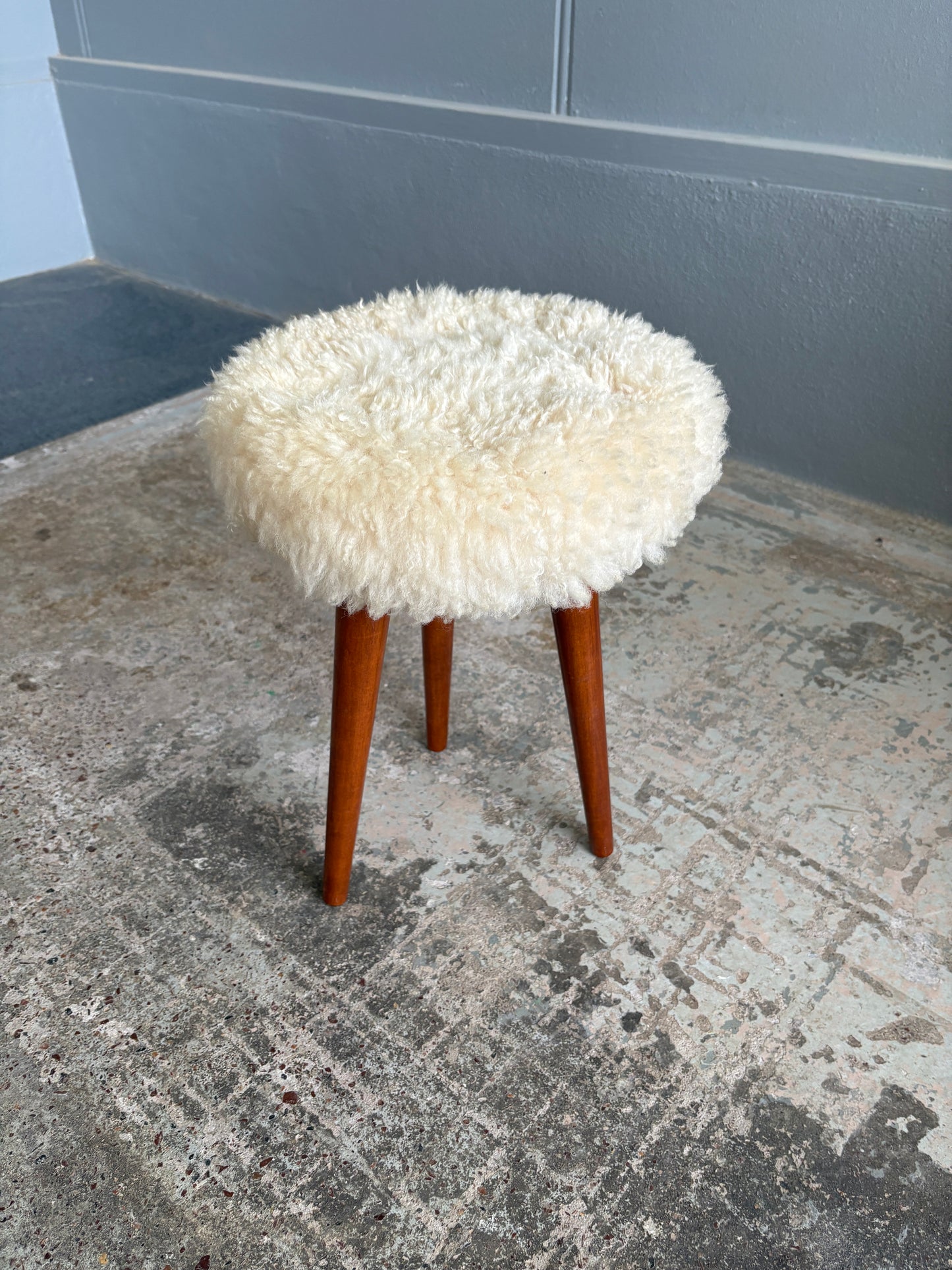 1970s Three Legged Sheepskin Stool