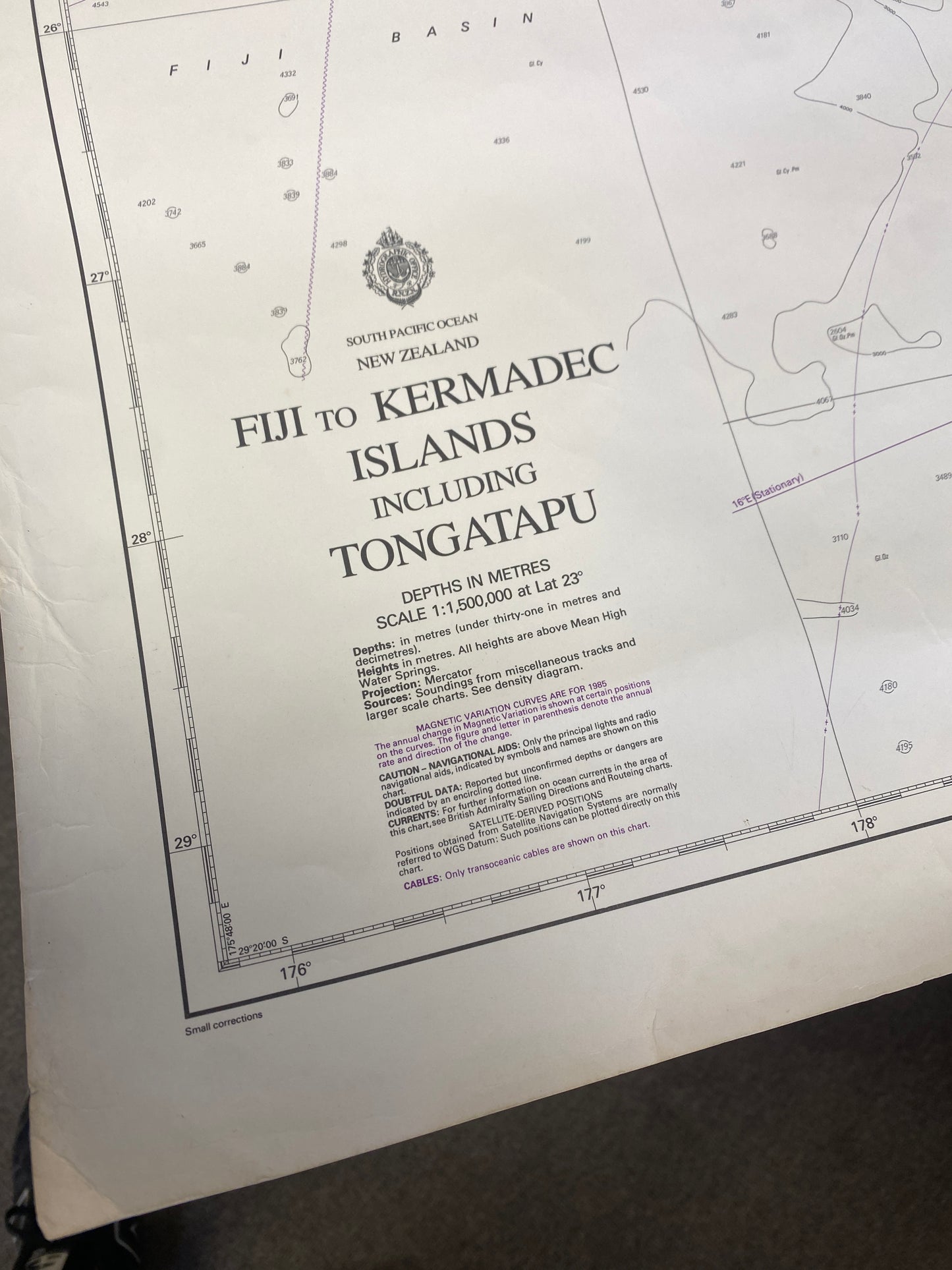 1987 Royal Navy Fiji to Kermadec Islands Marine Map