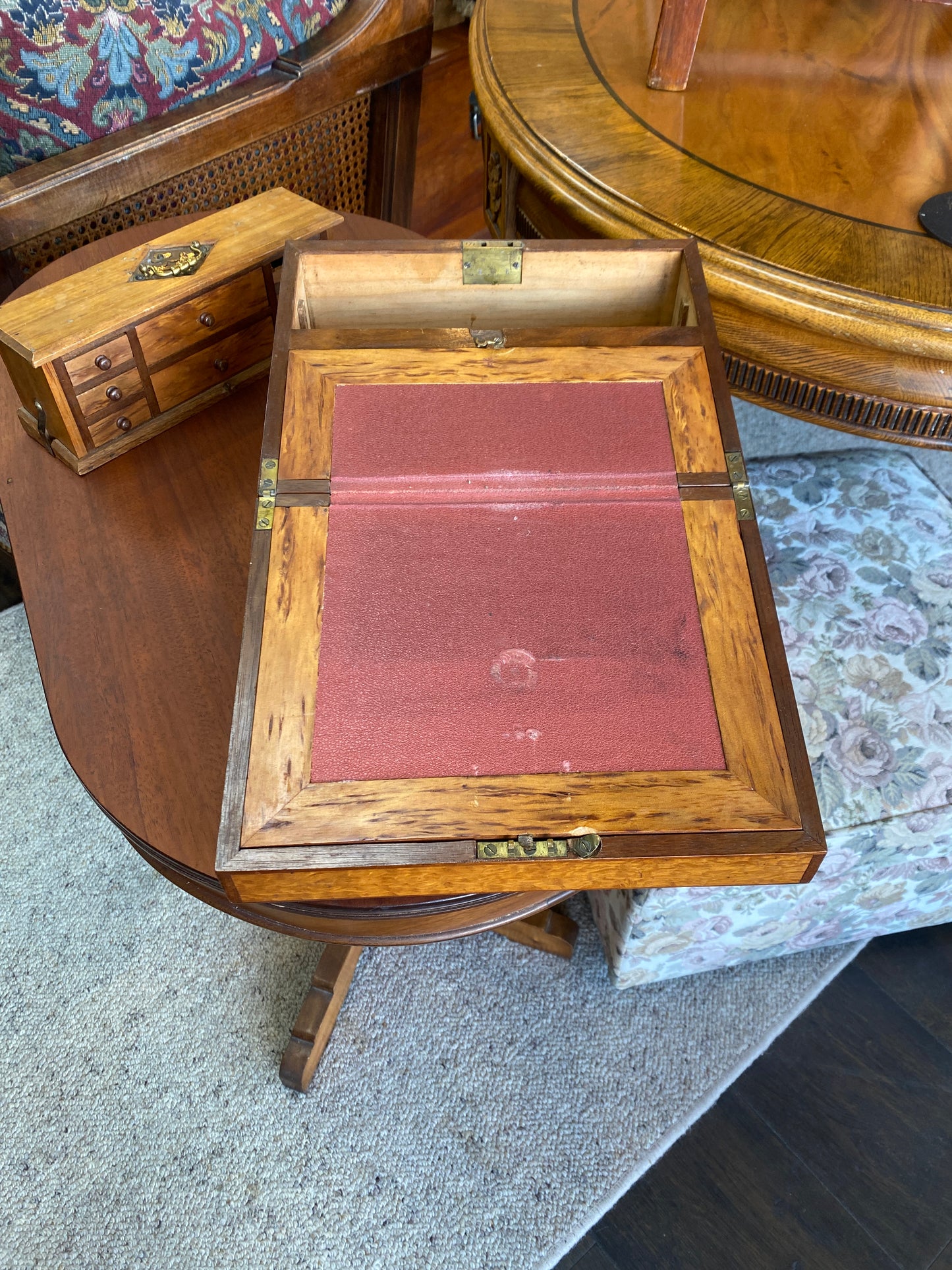 Antique Burr Walnut/Quarter Oak & Kauri Travel Writing Desk