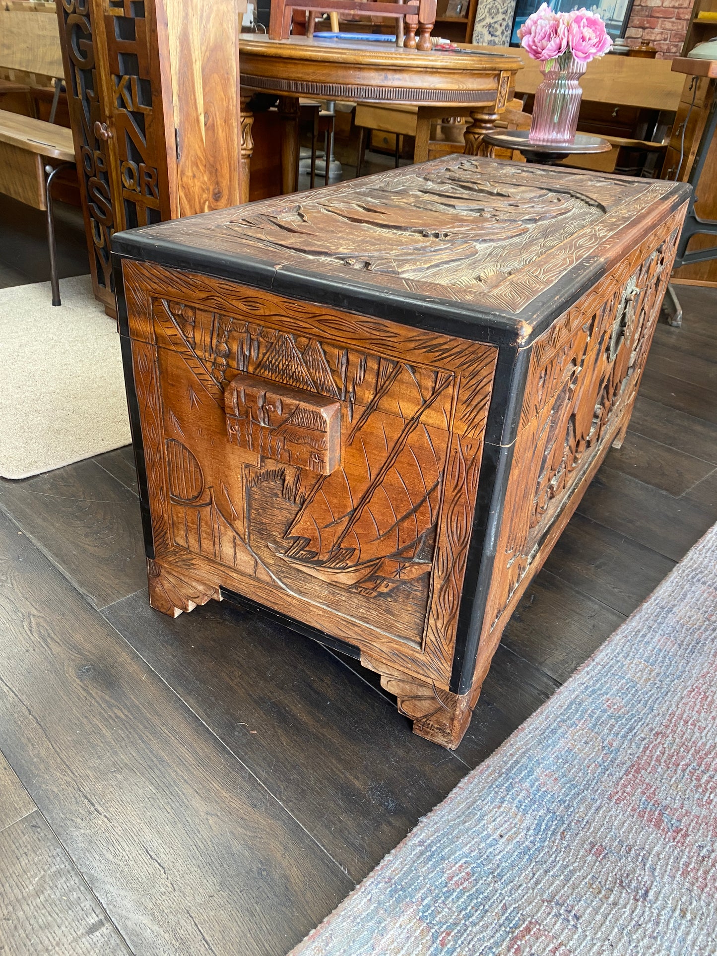 Antique Hand Carved Chinese Camphor Chest