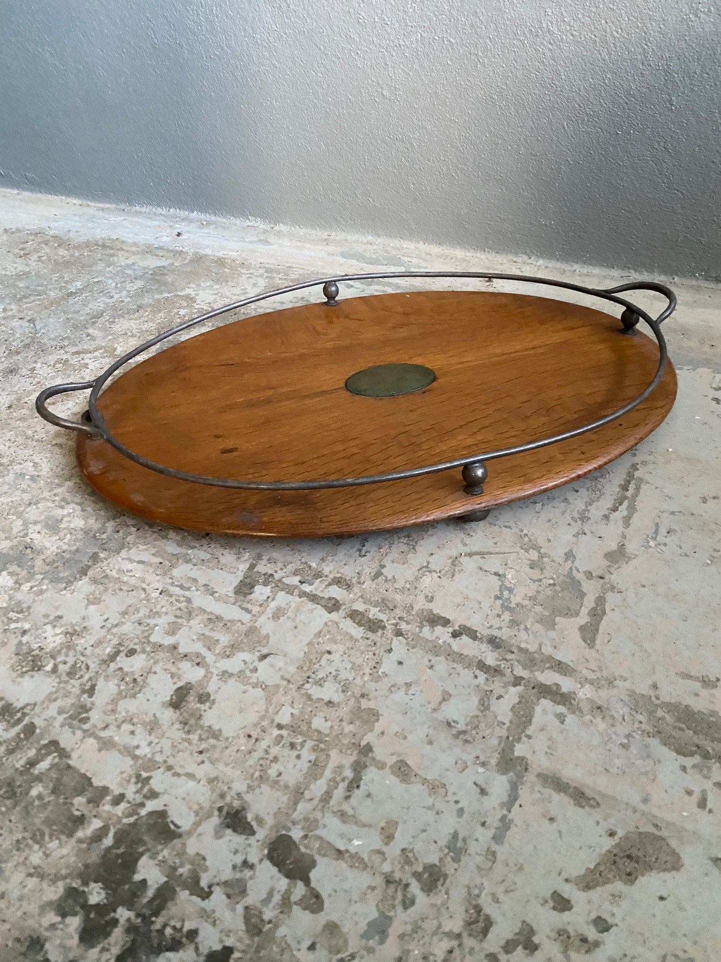 Antique Oak Serving Tray with Silver-plated Rail