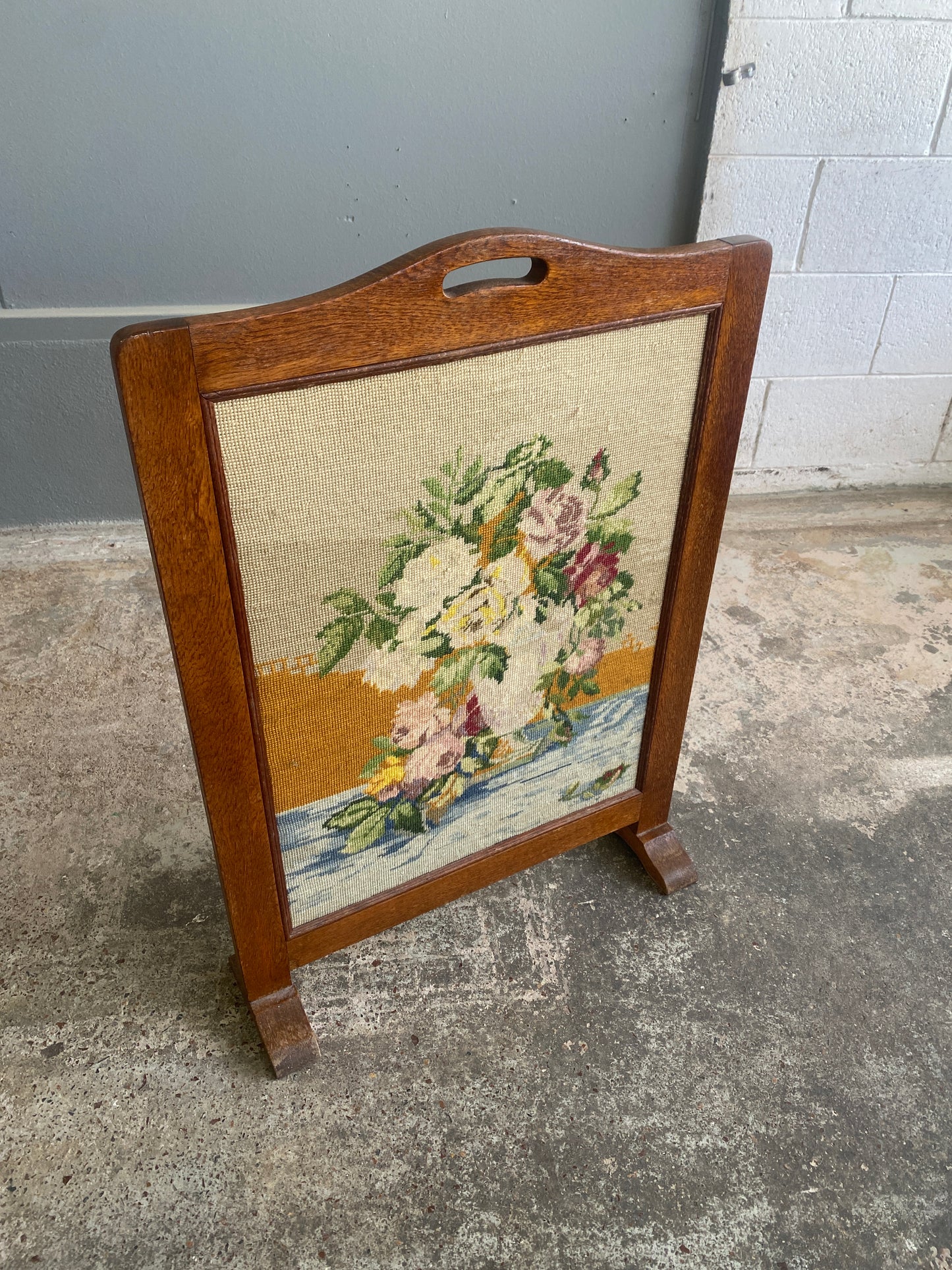 Antique Solid Oak & Needlepoint Fire Guard