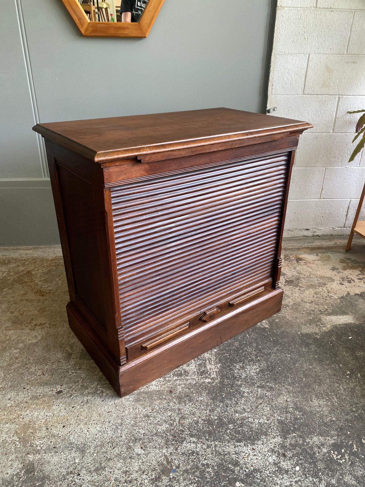 Edwardian Walnut Office Cabinet with Tambour Fronted Roller Door