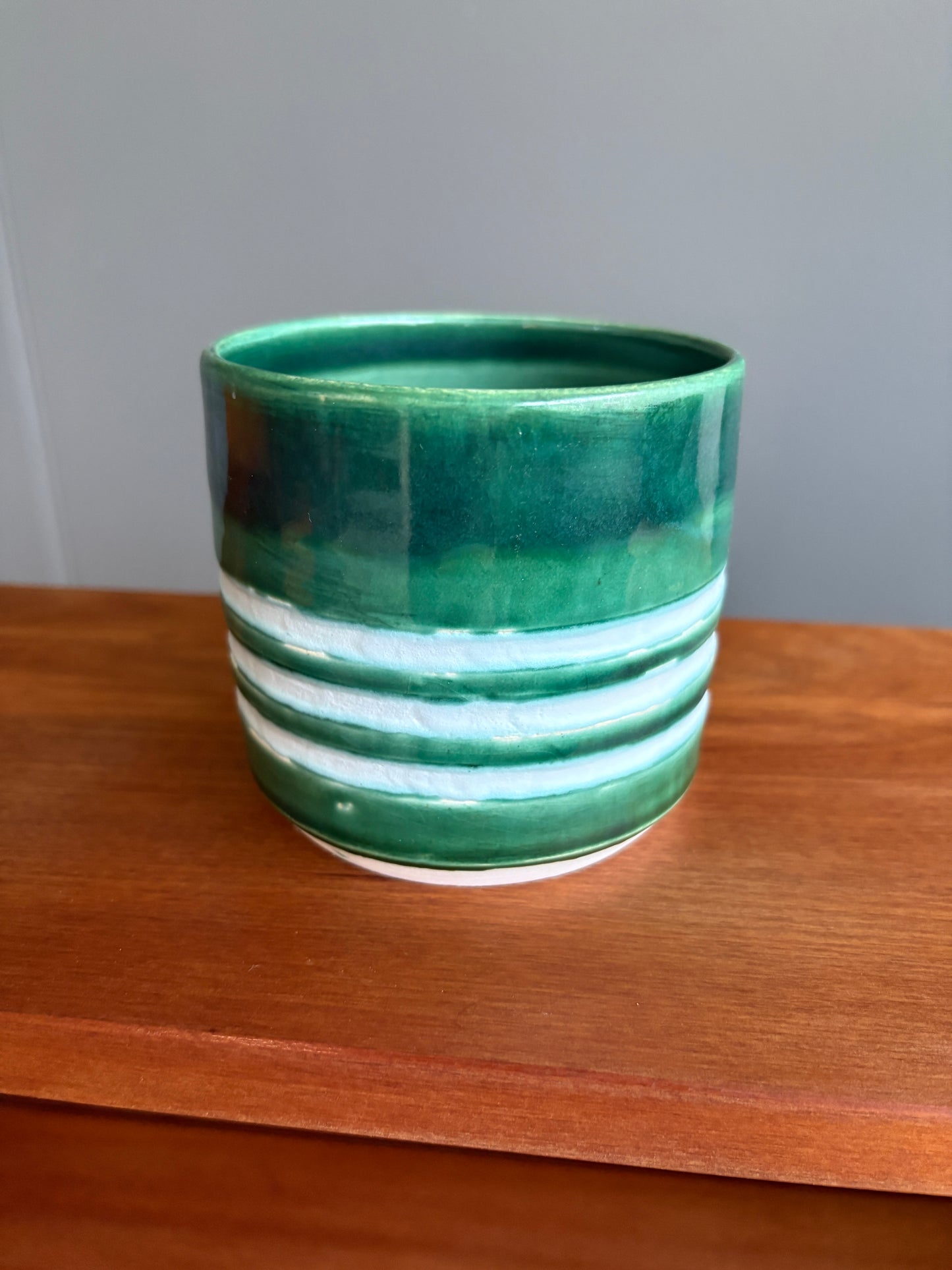 Handmade Emerald White Lines Decorative Plant Pot