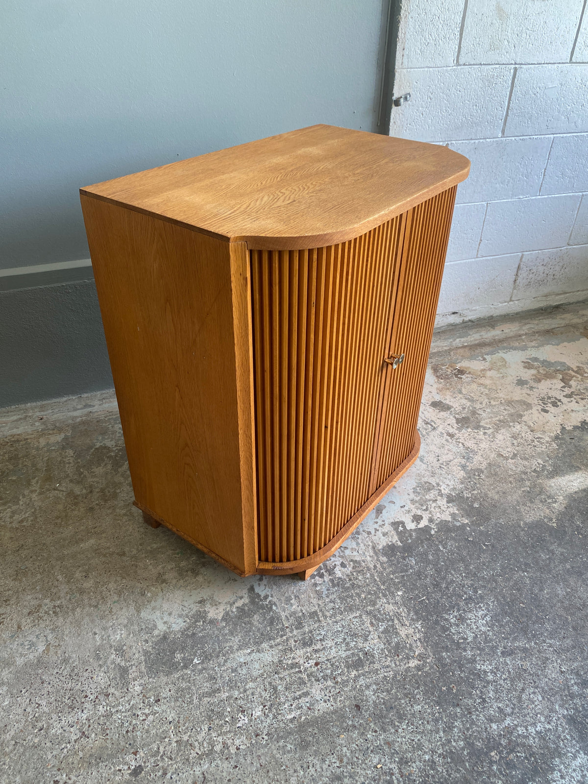 Mid Century Solid Oak LP Cabinet with Tambour
