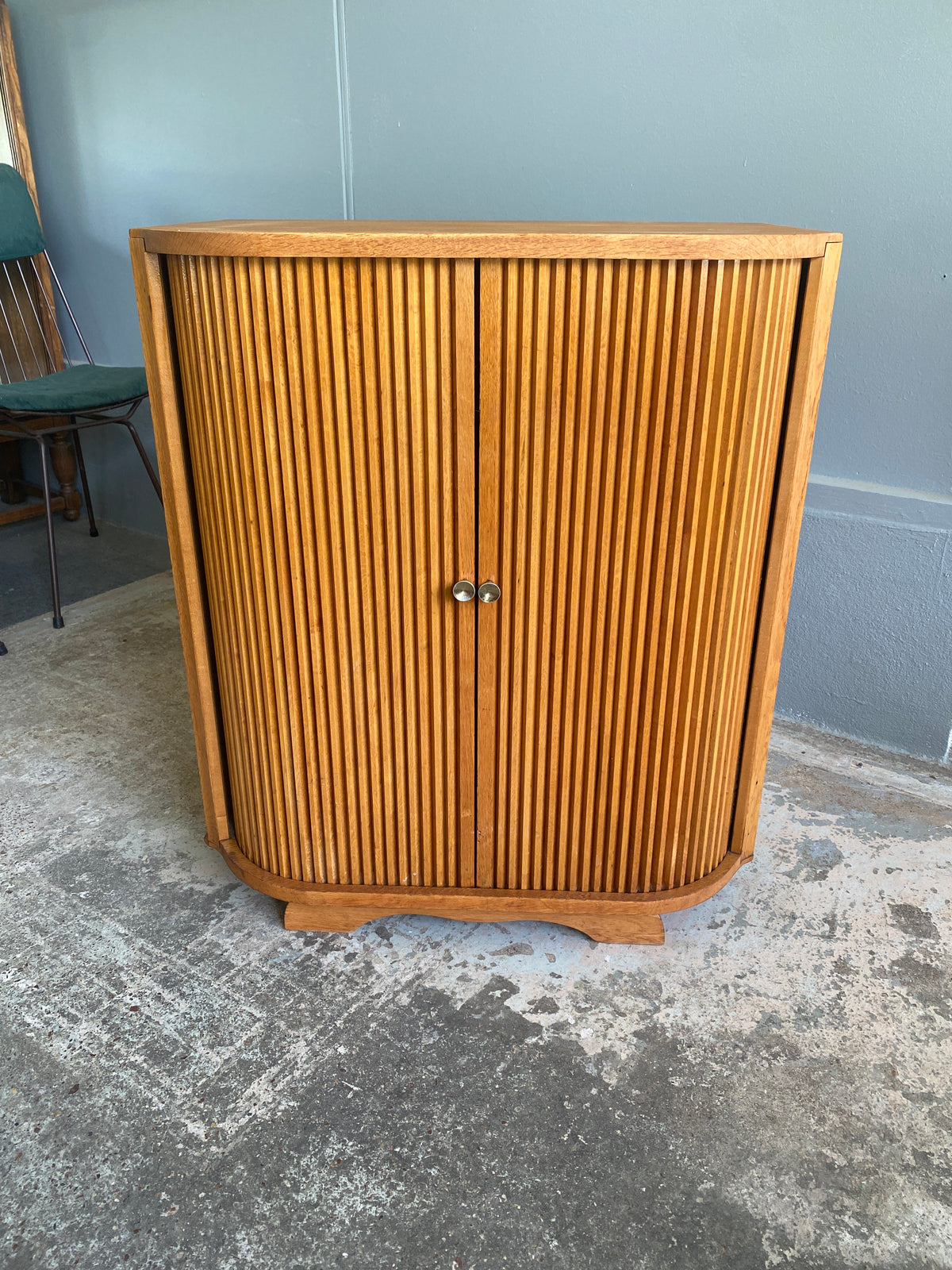 Mid Century Solid Oak LP Cabinet with Tambour