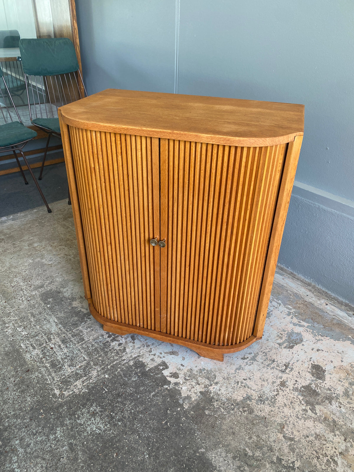Mid Century Solid Oak LP Cabinet with Tambour