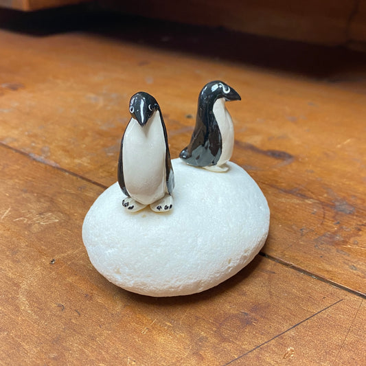 Penguin Ceramic Sculpture on Volcanic Rock Base