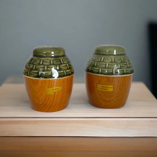 Retro Ceramic and Wood Salt and Pepper Shakers