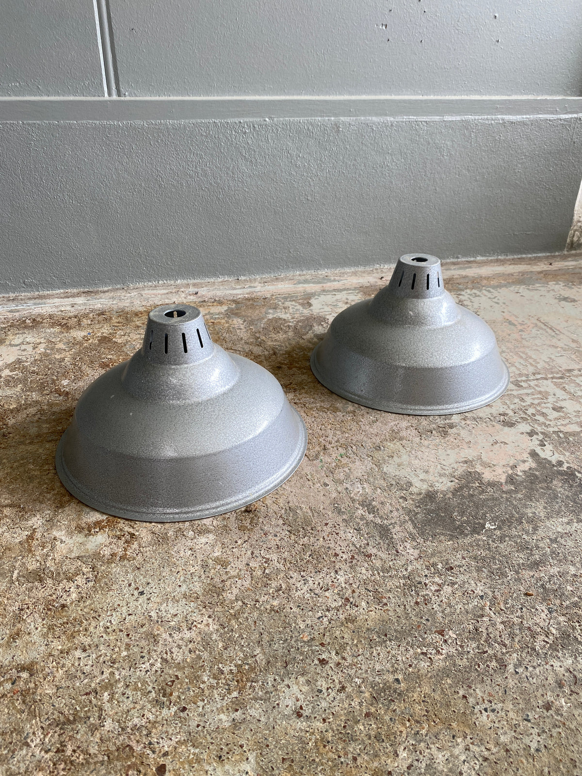 Vintage Aluminium Industrial Light Shades Pair