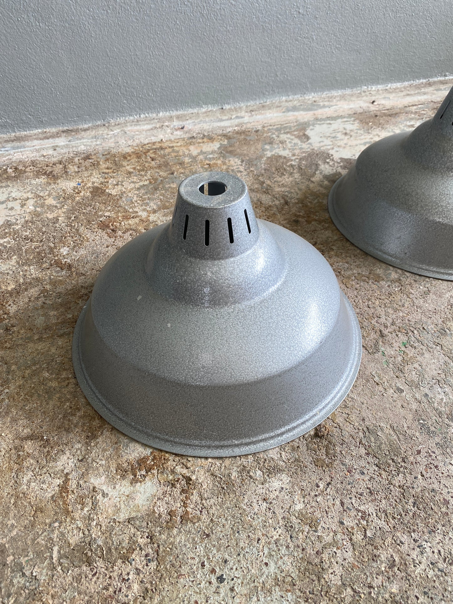 Vintage Aluminium Industrial Light Shades Pair