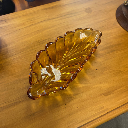 Vintage Amber Glass Leaf Dish Medium