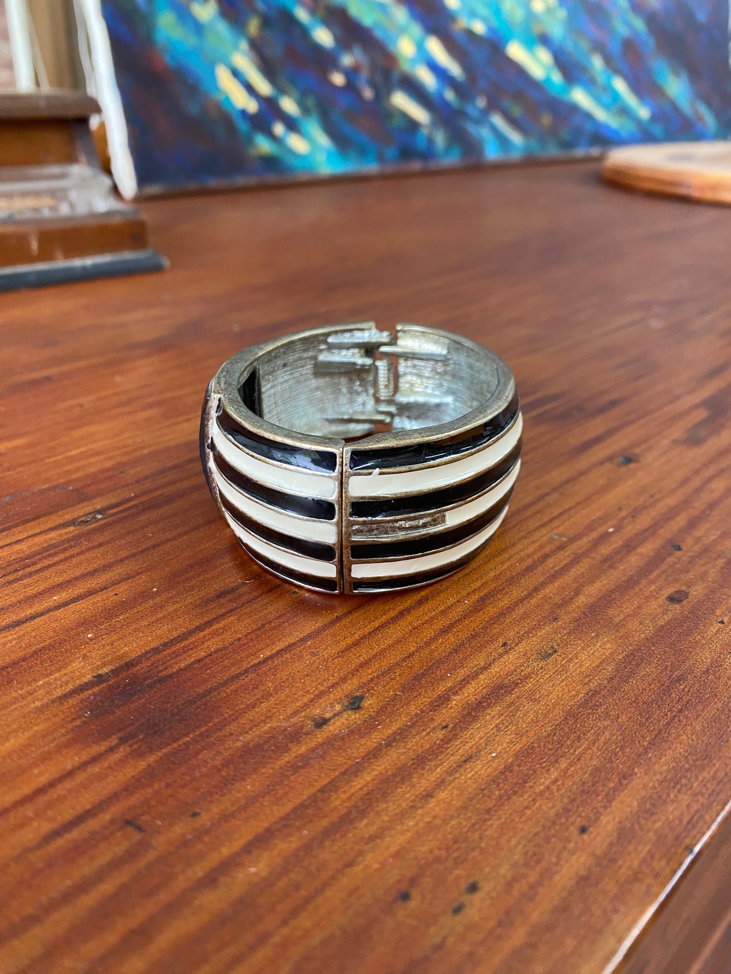 Vintage Bracelet ANN TAYLOR Wide Cream Black Enamel Striped