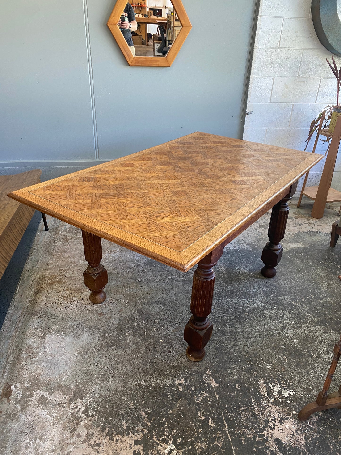 Vintage Oak Dining Table with Parquet-style Oak Top
