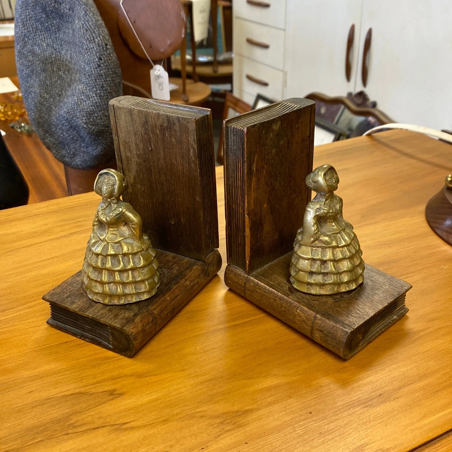 Vintage Victorian Lady Brass & Wood Bookends