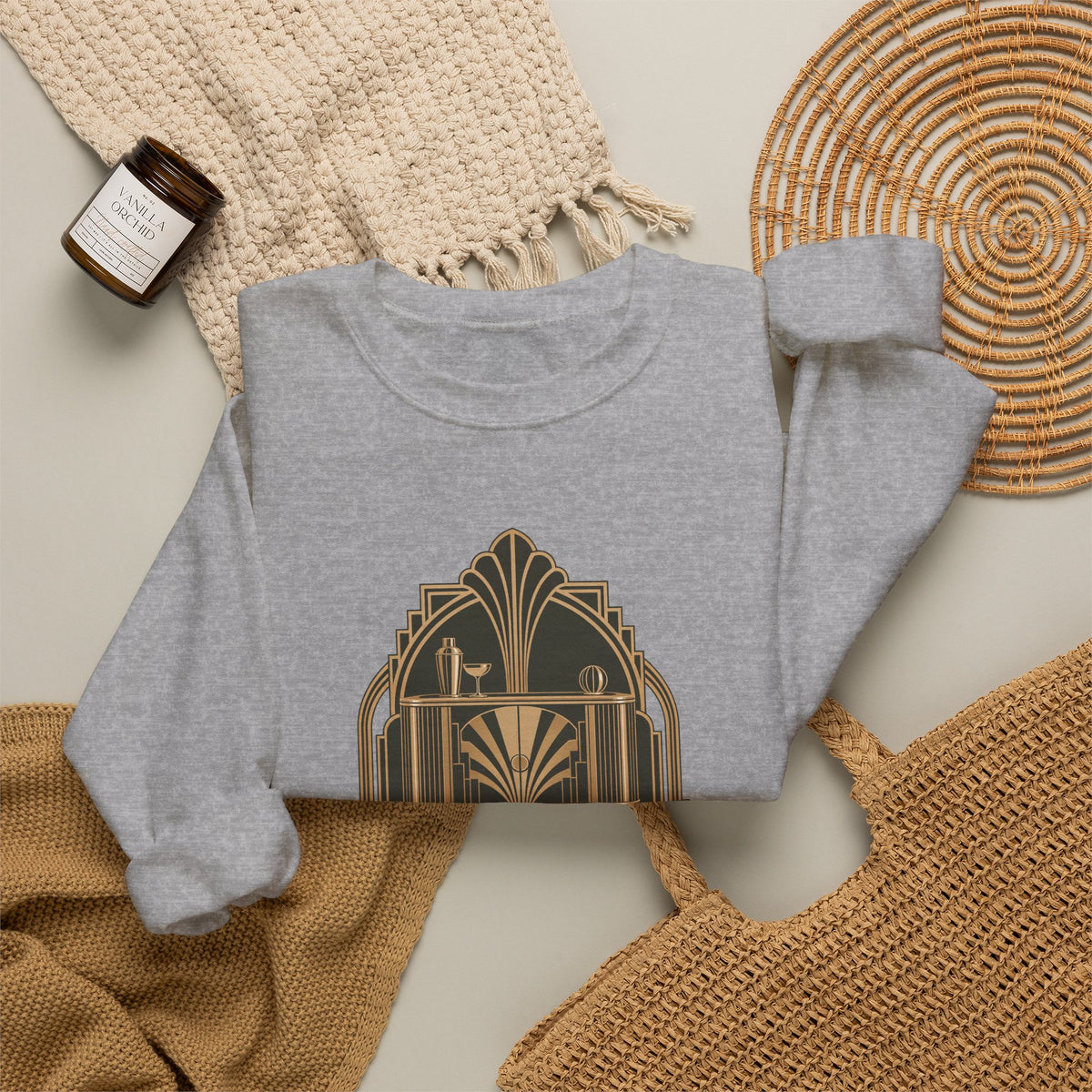 Art Deco Club Crewneck Sweatshirt in Sport Grey, styled flat lay
