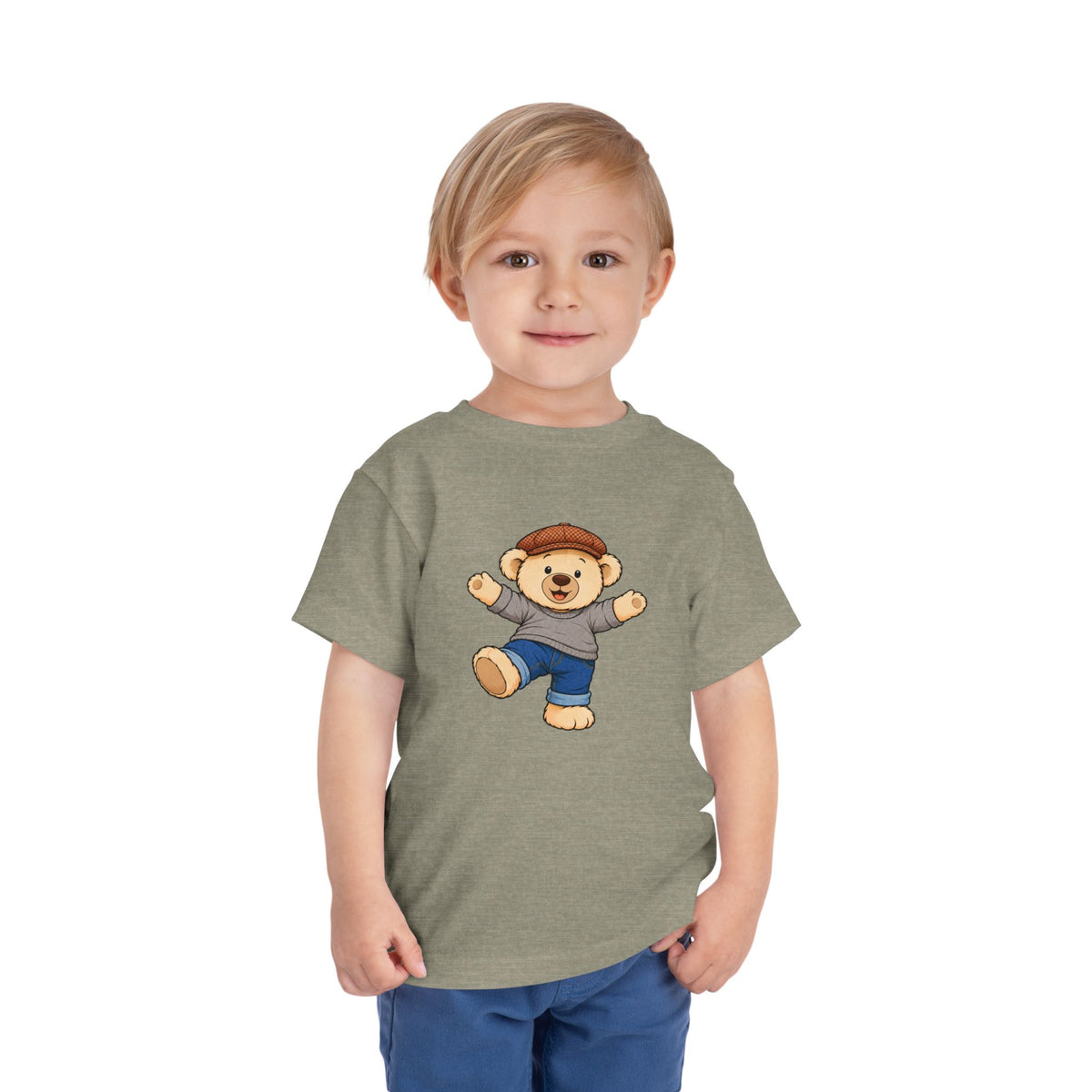 Big Hug Pickles toddler tee in Heather Stone, worn by a toddler