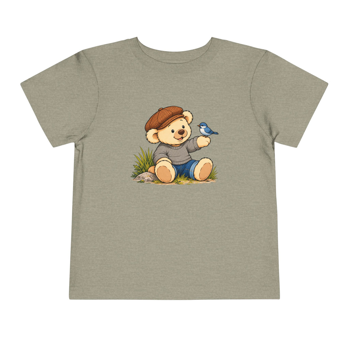 Blue Bird Pickles toddler tee in Heather Stone, front view