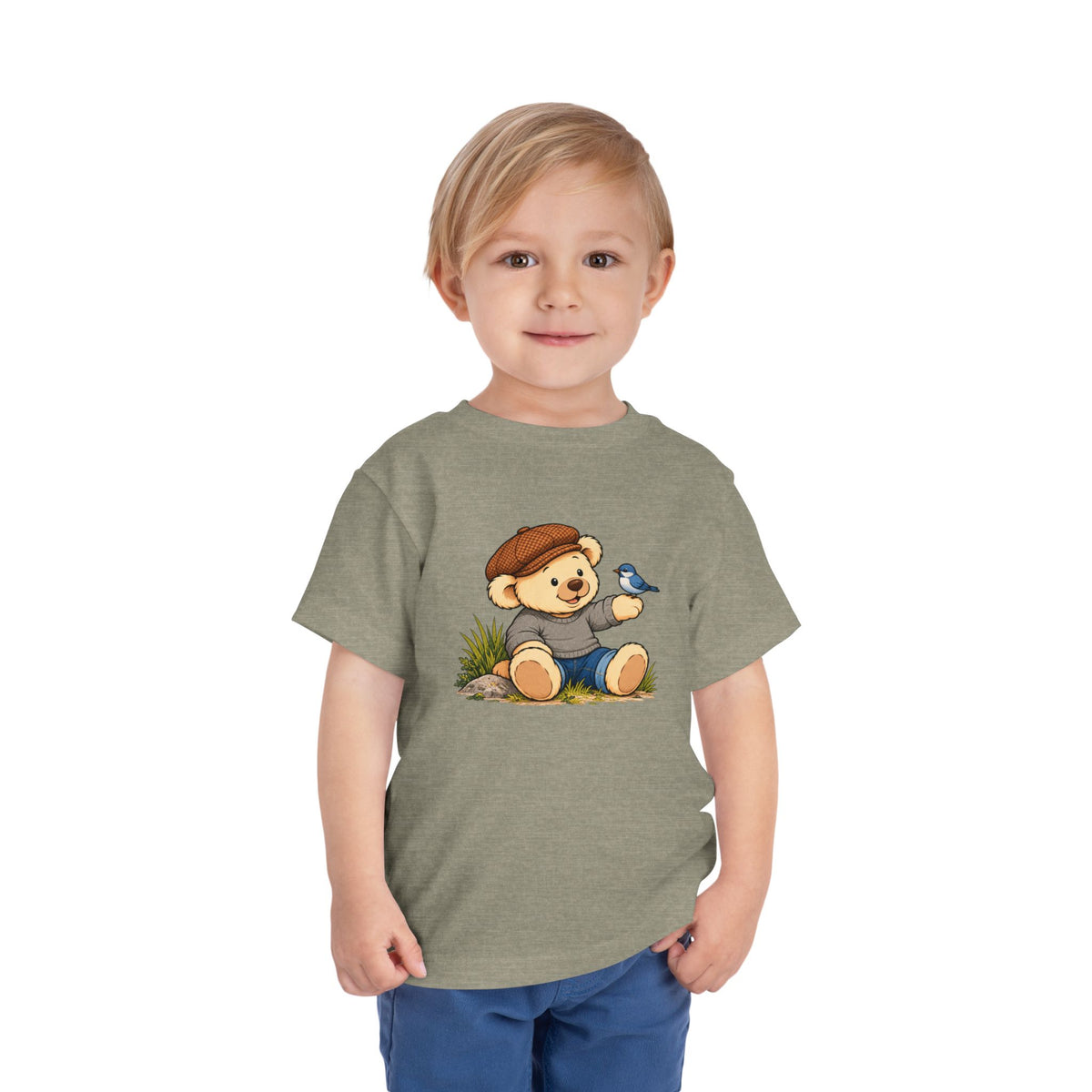 Blue Bird Pickles toddler tee in Heather Stone, worn by a toddler