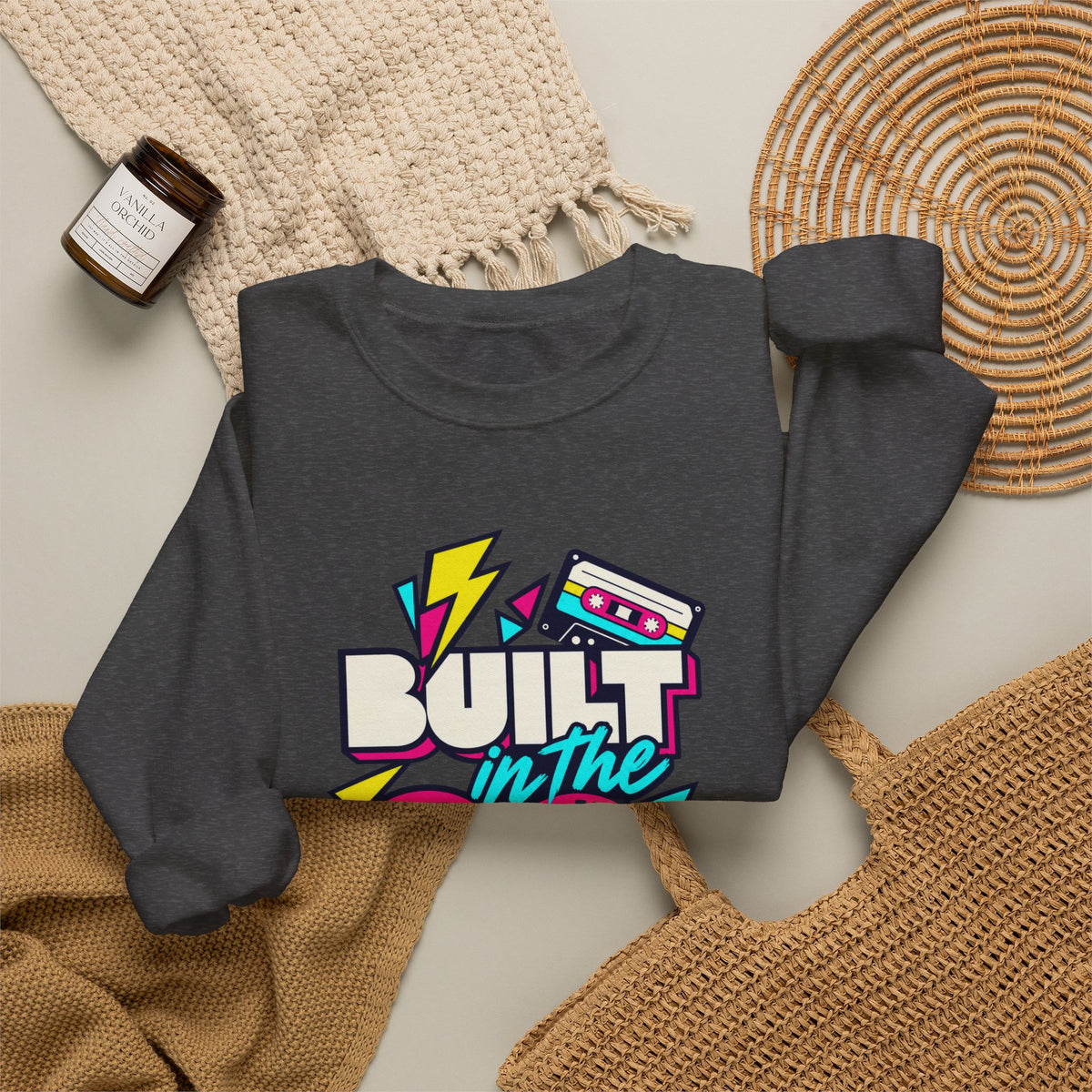 Built in the 80s. Still Solid Crewneck Sweatshirt in Dark Heather, styled flat lay