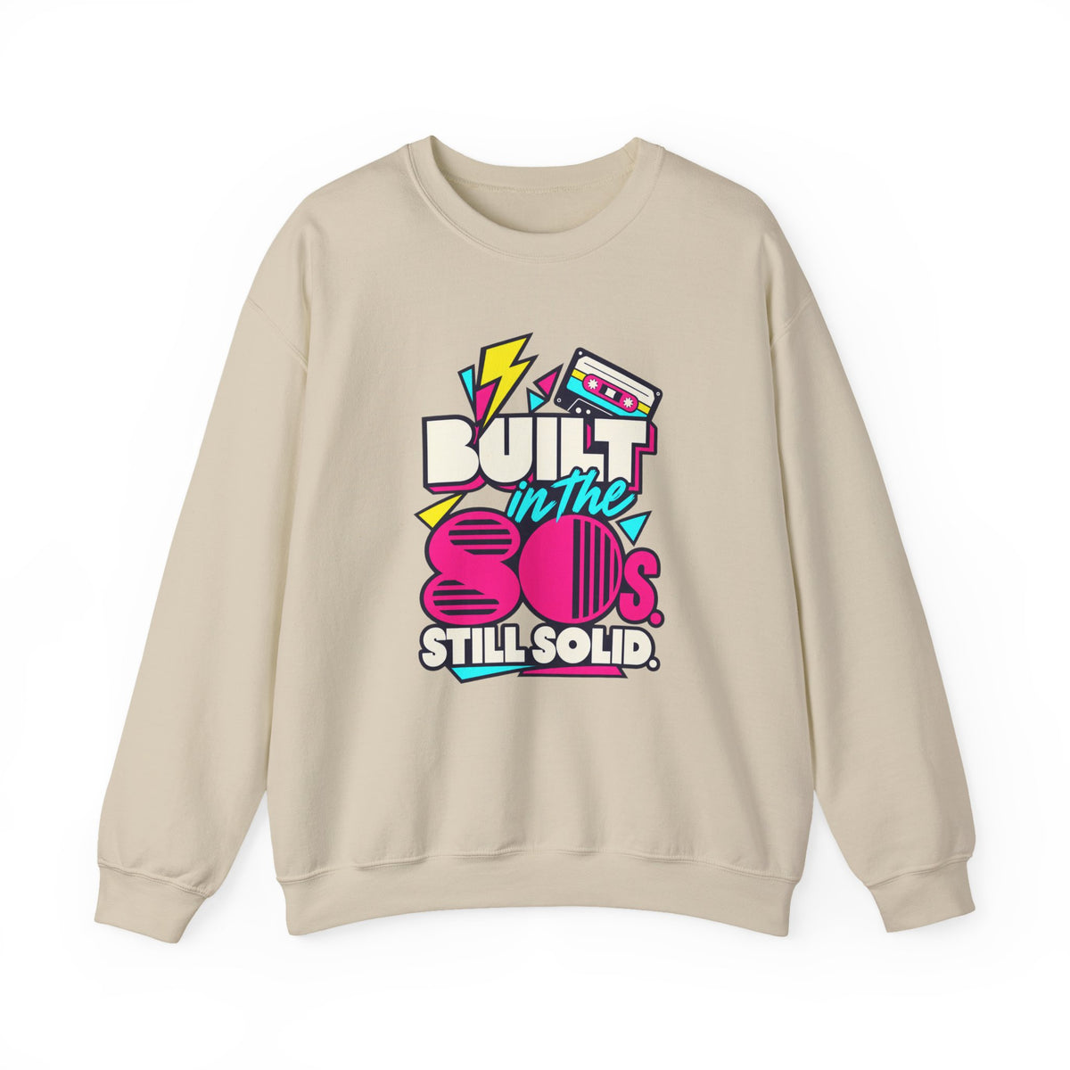 Built in the 80s. Still Solid Crewneck Sweatshirt in Sand, front view with neon cassette design