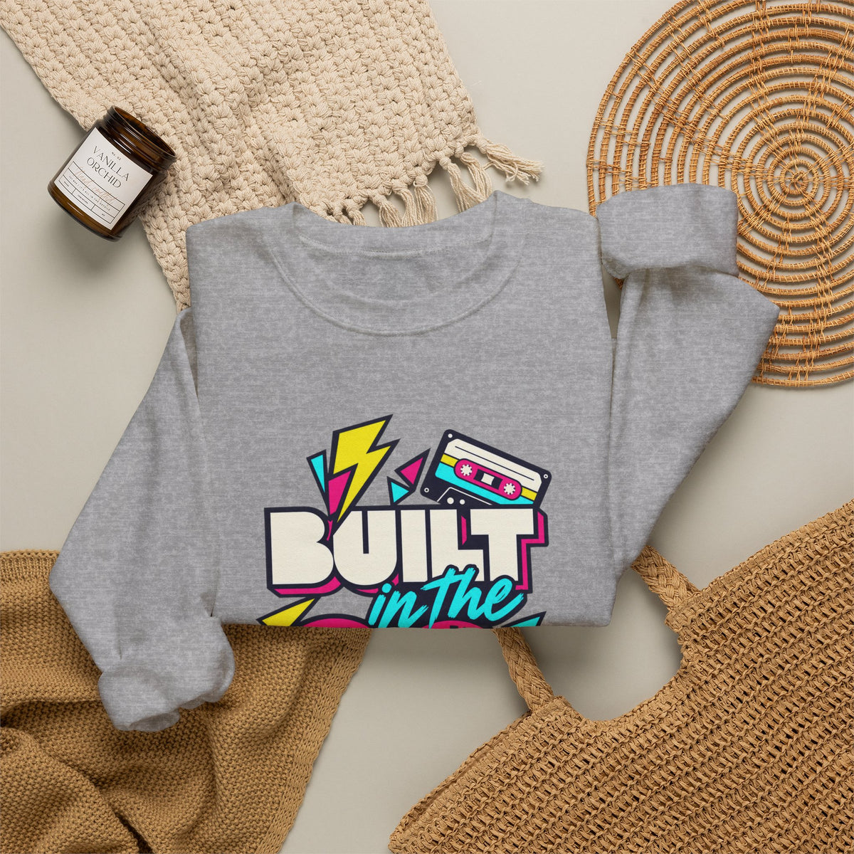 Built in the 80s. Still Solid Crewneck Sweatshirt in Sport Grey, styled flat lay