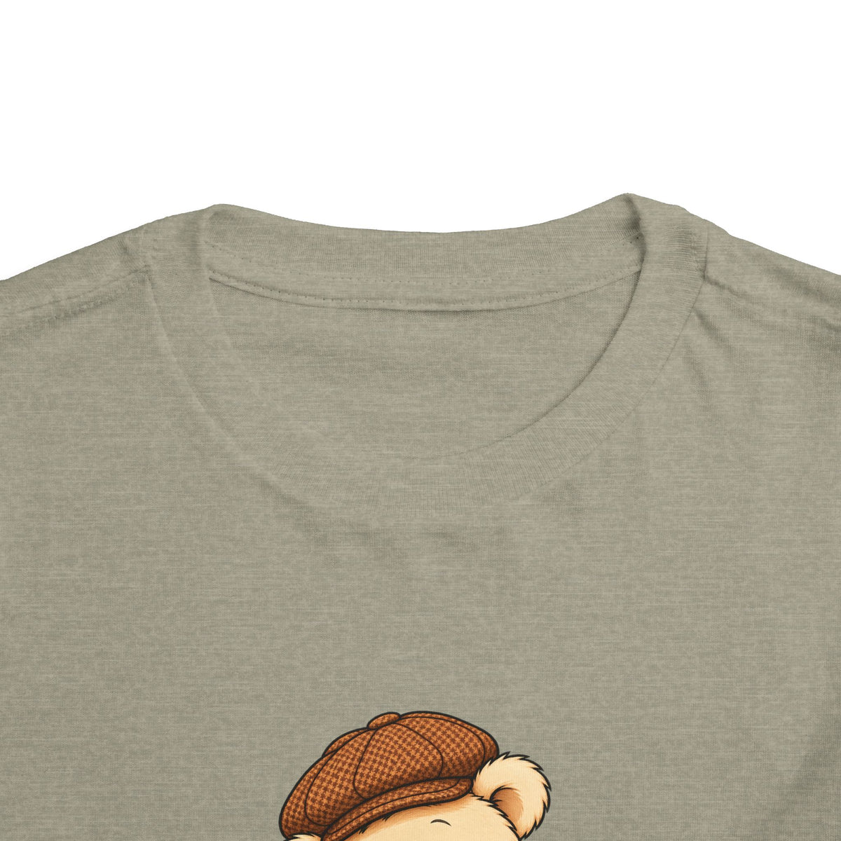 Frog Pickles toddler tee in Heather Stone, close-up of neckline and print