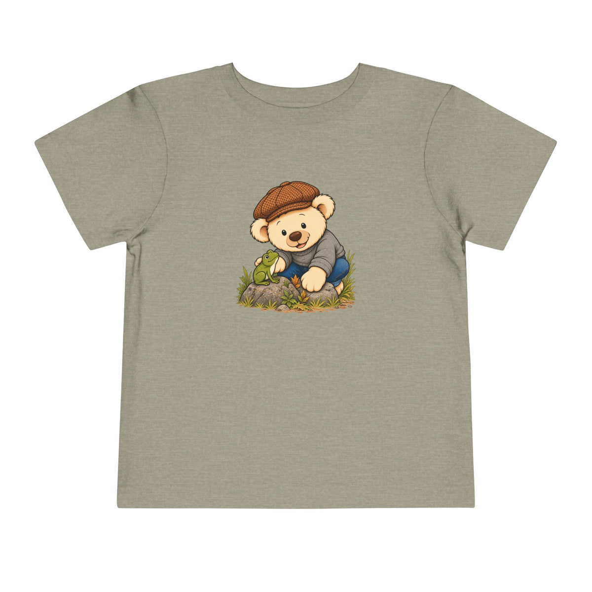 Frog Pickles toddler tee in Heather Stone, front view