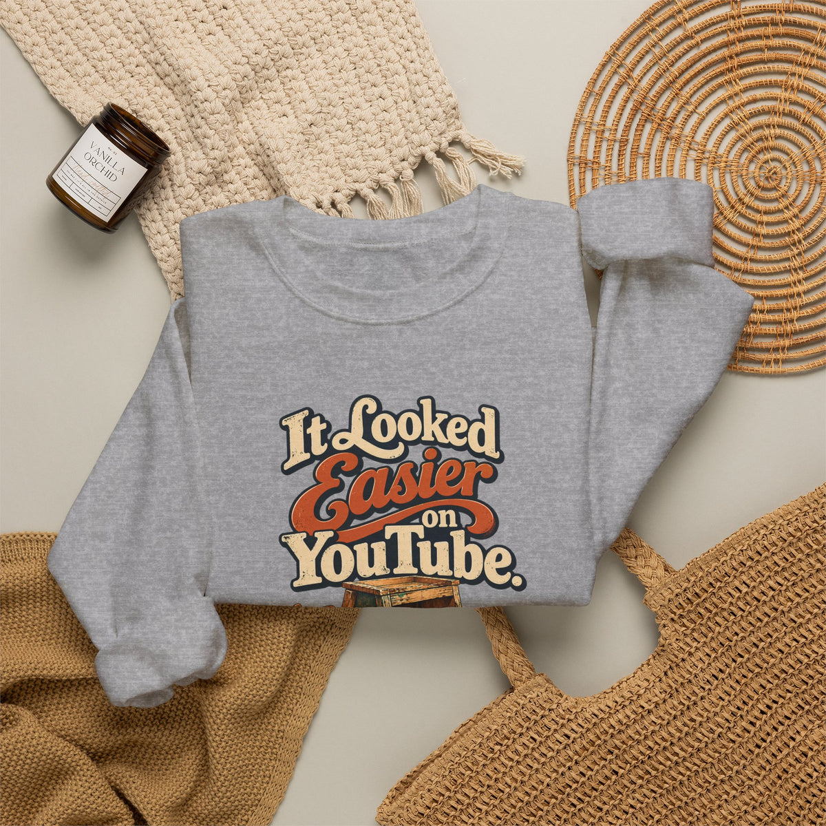 Sport grey It Looked Easier On YouTube crewneck sweatshirt flatlay