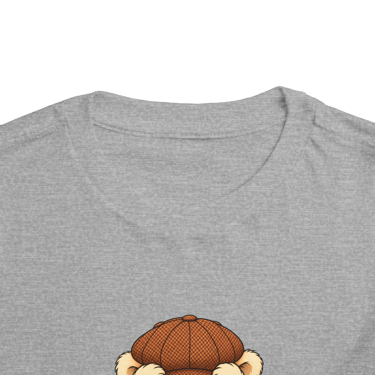 Peek-a-Boo Pickles toddler tee in Athletic Heather, close-up of neckline and print