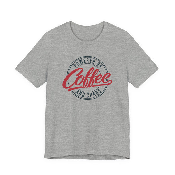 Powered by Coffee and Chaos tee in Athletic Heather, front