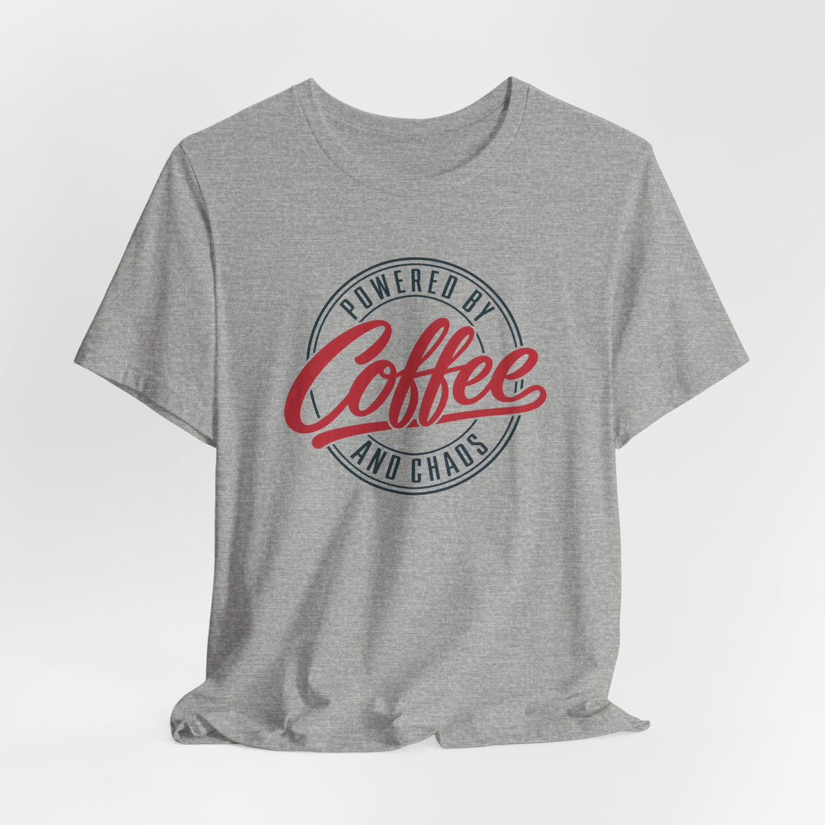 Powered by Coffee and Chaos tee in Athletic Heather, lifestyle