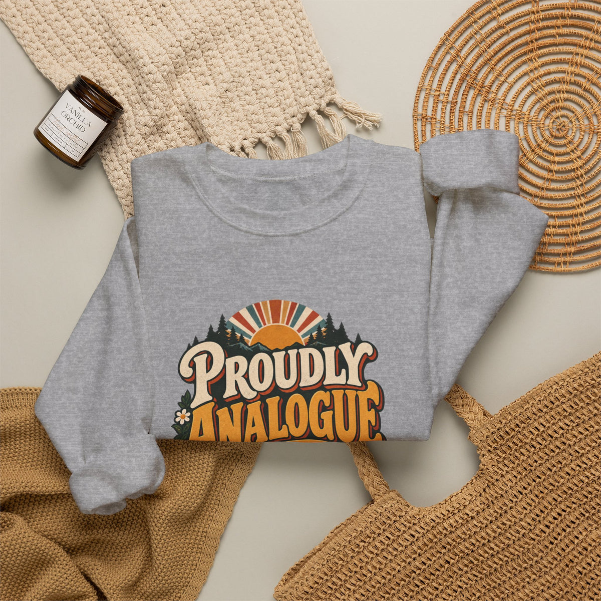 Proudly Analogue Crewneck Sweatshirt in Sport Grey, styled flat lay