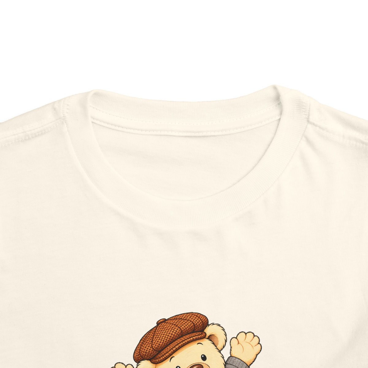 Splash Pickles toddler tee in Natural, close-up of neckline and print
