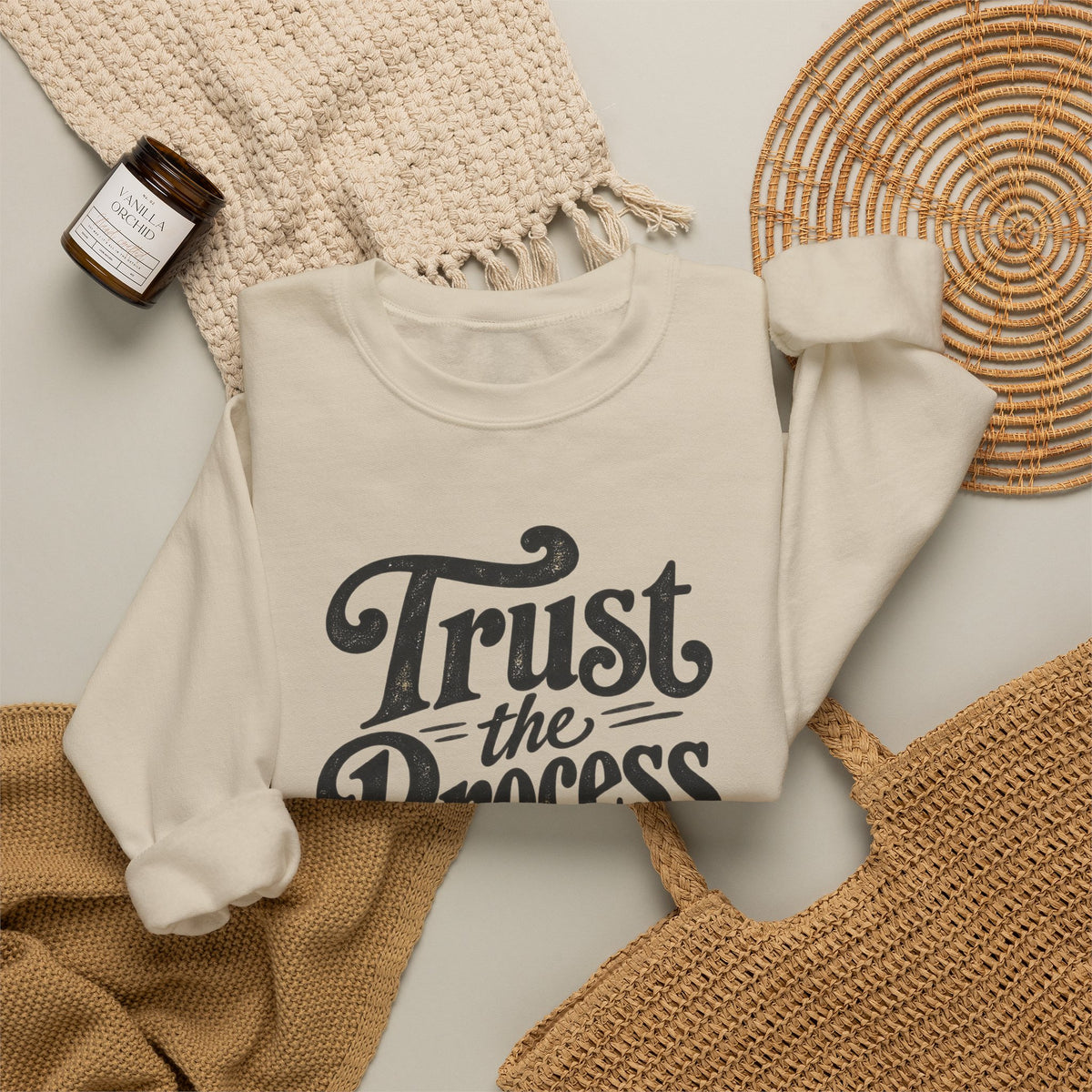 Trust The Process Crewneck Sweatshirt in Sand, styled flat lay