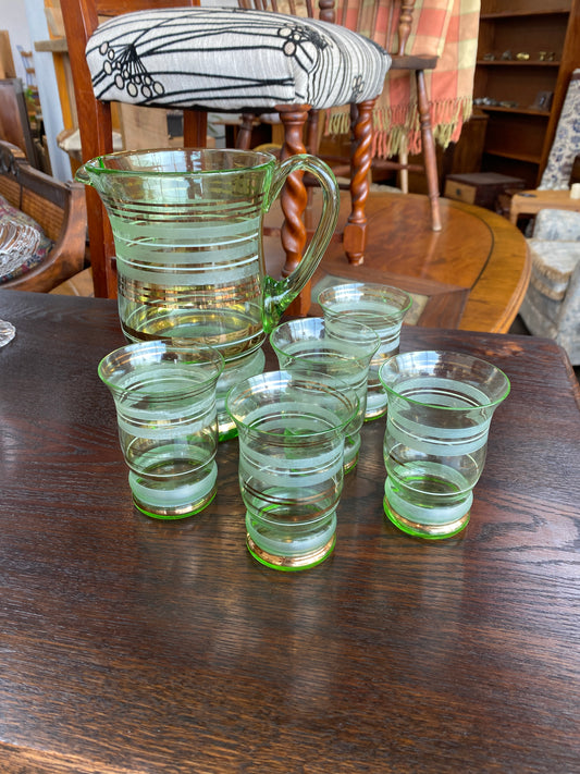 1940s Uranium Glass Pitcher and 5 Glasses
