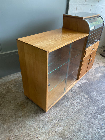 1950s Oak Drinks Cabinet with Glass Tambour