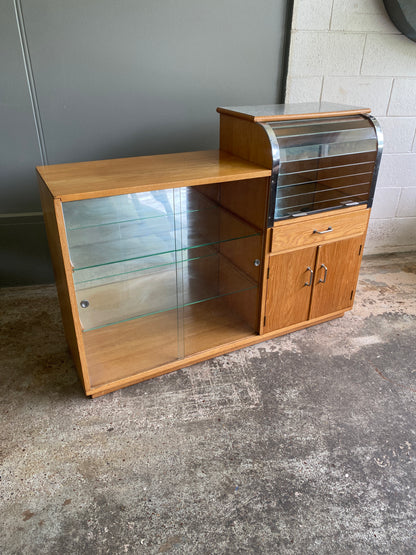 1950s Oak Drinks Cabinet with Glass Tambour