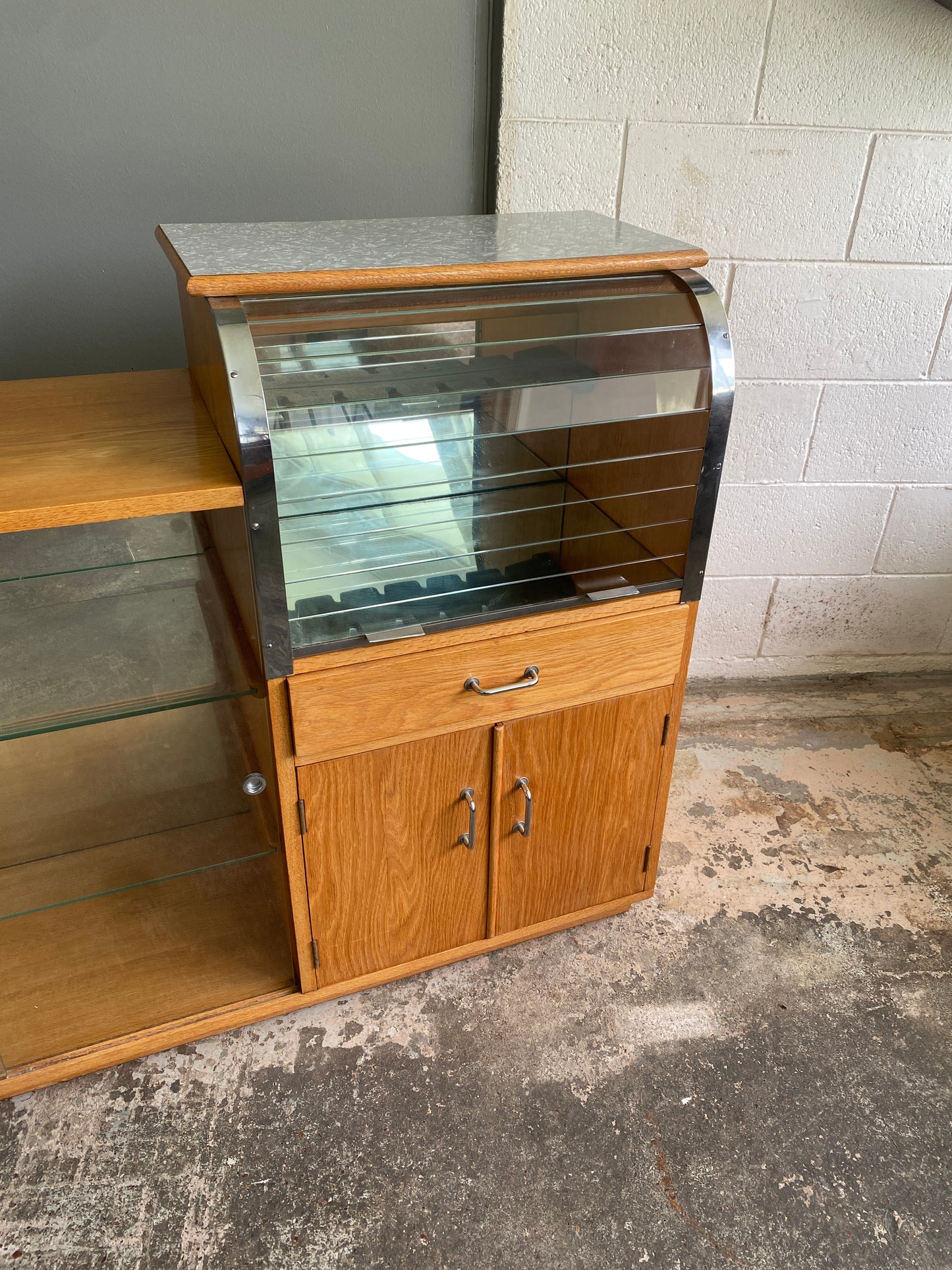 1950s Oak Drinks Cabinet with Glass Tambour