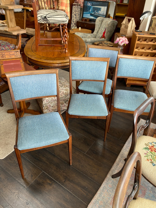 1970s Mahogany & Aqua Ribbed Fabric Dining Chairs x 4