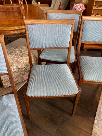 1970s Mahogany & Aqua Ribbed Fabric Dining Chairs x 4