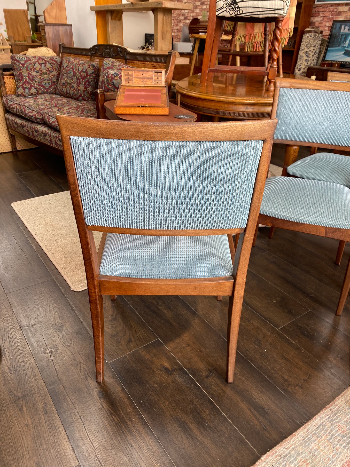 1970s Mahogany & Aqua Ribbed Fabric Dining Chairs x 4