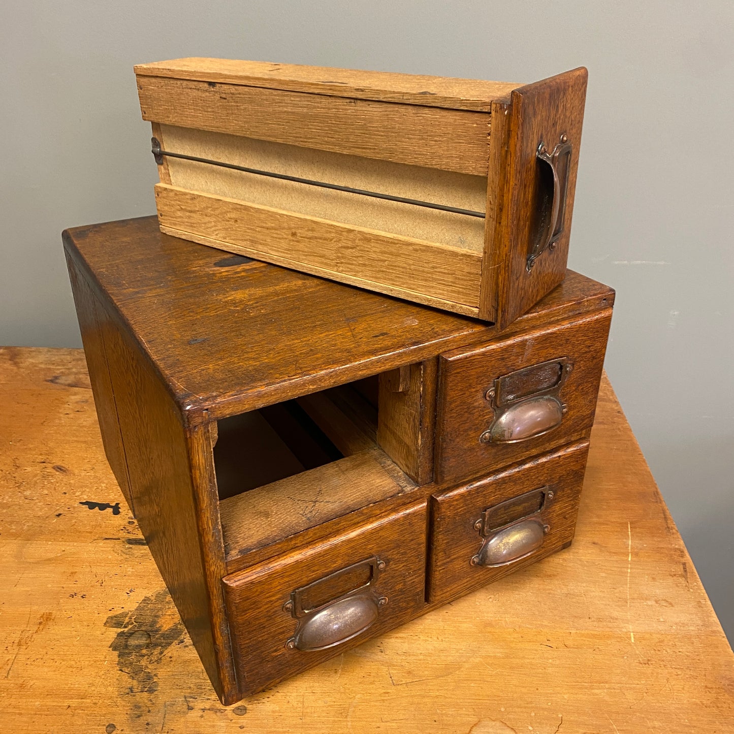 Antique Oak 4 Drawer Library Card/Accounts Cabinet