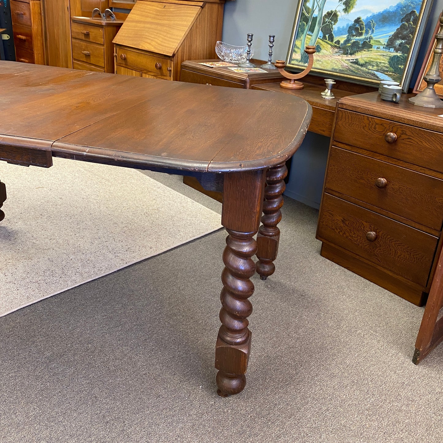 Antique Oak Barley Twist Extension Dining Table