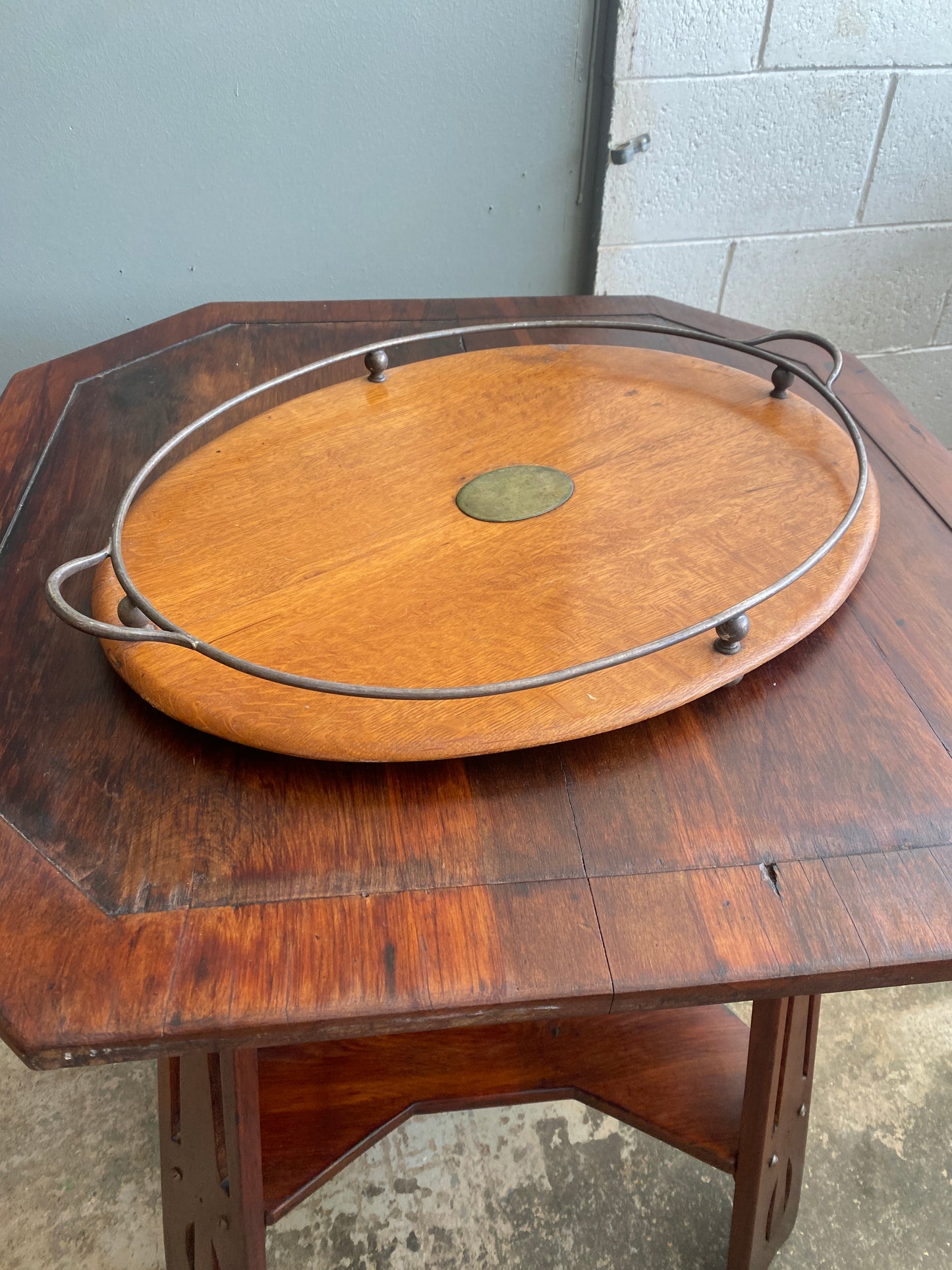 Antique Oak Serving Tray with Silver-plated Rail
